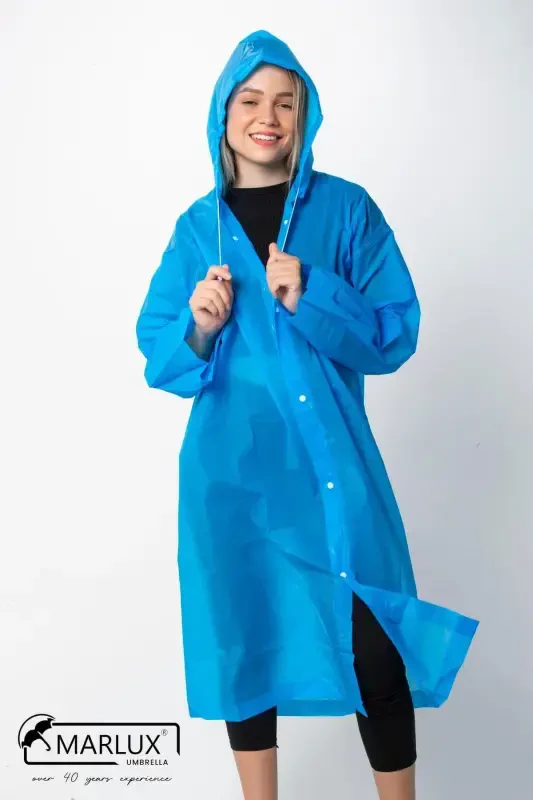 Women Men Raincoat Hooded Snap Eva Blue Raincoat M21mrc881r08-Blue - 1