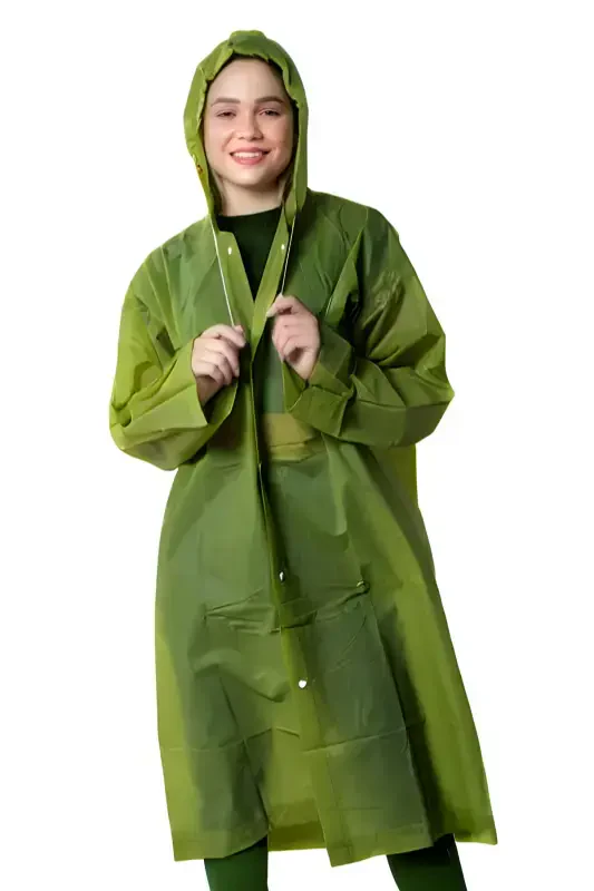 Women Men Raincoat Hooded Snap Eva Dark Green Military Green Raincoat M21MRC881R16-Dark Green - 4