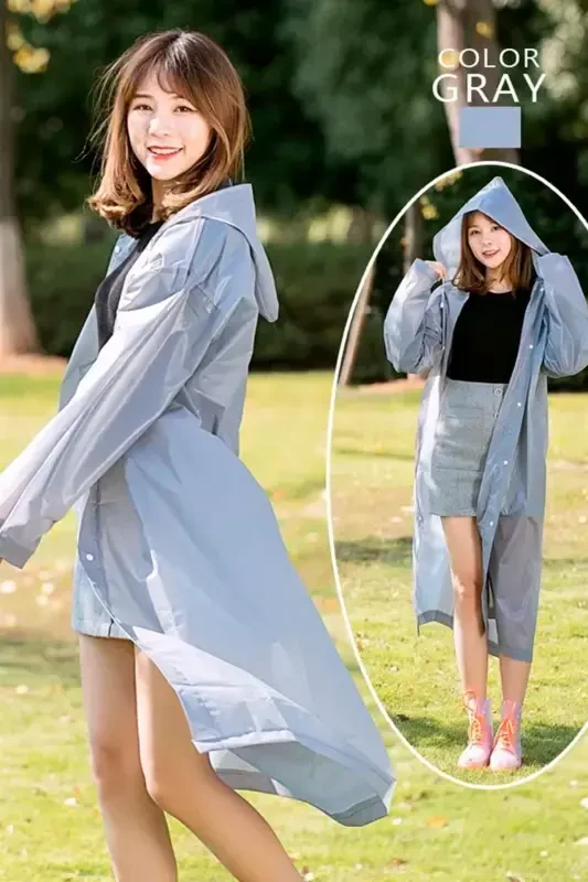 Women Men Raincoat Hooded Snap Eva Gray Raincoat Bymmrc881r05-Gray - 7