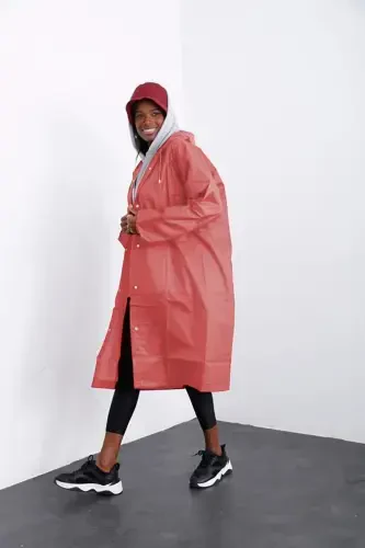 Women Men Raincoat Hooded Snap Eva Orange Raincoat Bymmrc881r14-Orange - 4