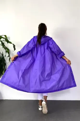 Women Men Raincoat Hooded Snap Eva Purple Raincoat Bymmrc881r09-Purple - 5