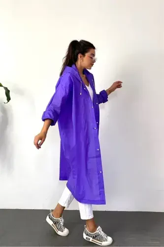 Women Men Raincoat Hooded Snap Eva Purple Raincoat Bymmrc881r09-Purple - 7