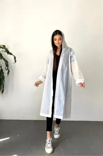 Women Men Raincoat Hooded Snap Eva White Raincoat Bymmrc881r02-White - 6