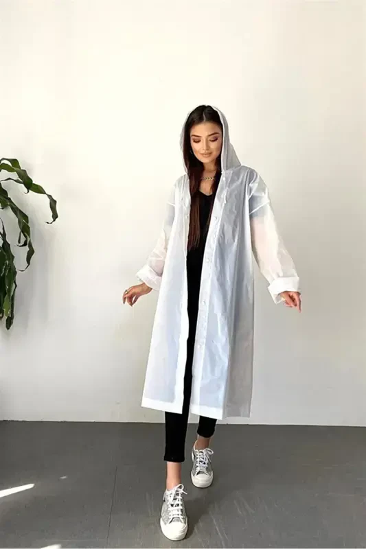 Women Men Raincoat Hooded Snap Eva White Raincoat Bymmrc881r02-White - 6