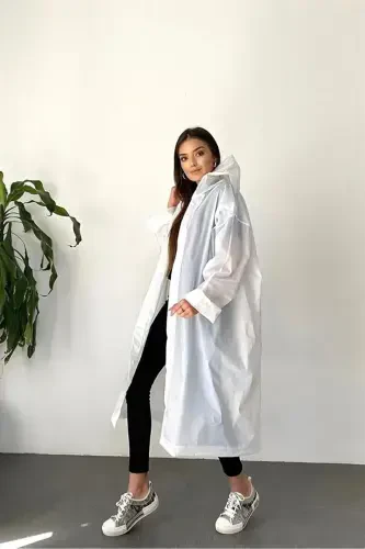 Women Men Raincoat Hooded Snap Eva White Raincoat Bymmrc881r02-White - 8