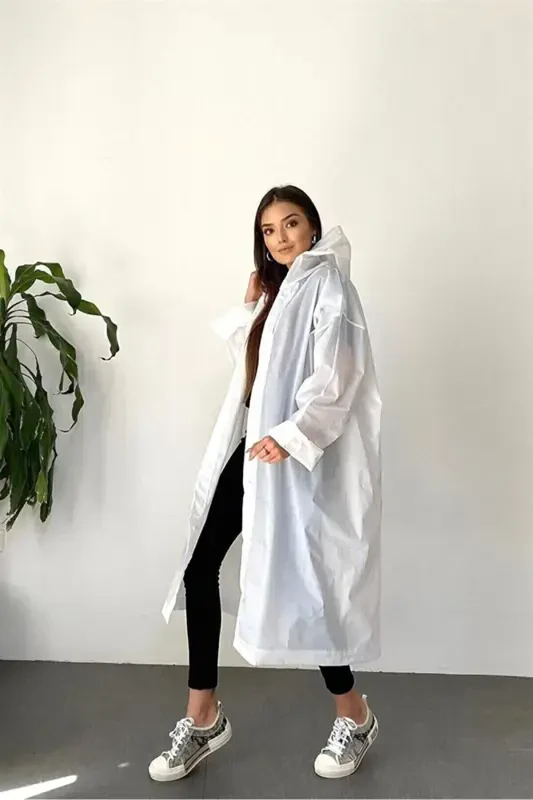 Women Men Raincoat Hooded Snap Eva White Raincoat Bymmrc881r02-White - 8