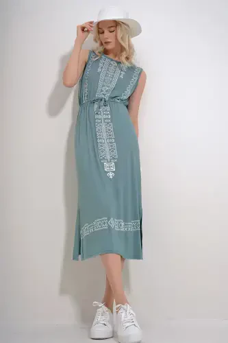 Women Mint Embroidery Printed Bohemian Dress ALC-6564-MINT - 1