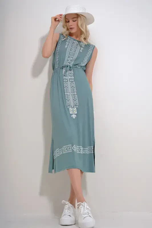 Women Mint Embroidery Printed Bohemian Dress ALC-6564-MINT - 1