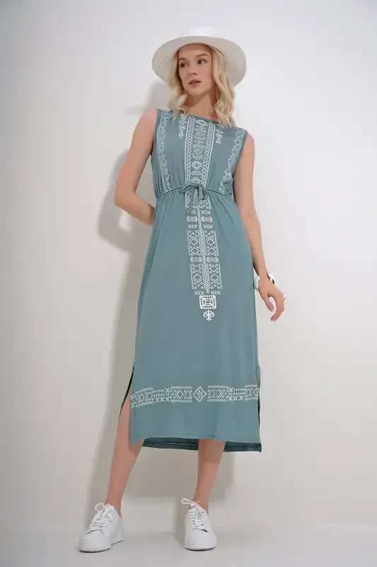 Women Mint Embroidery Printed Bohemian Dress ALC-6564-MINT - 4