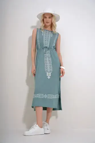 Women Mint Embroidery Printed Bohemian Dress ALC-6564-MINT - 5