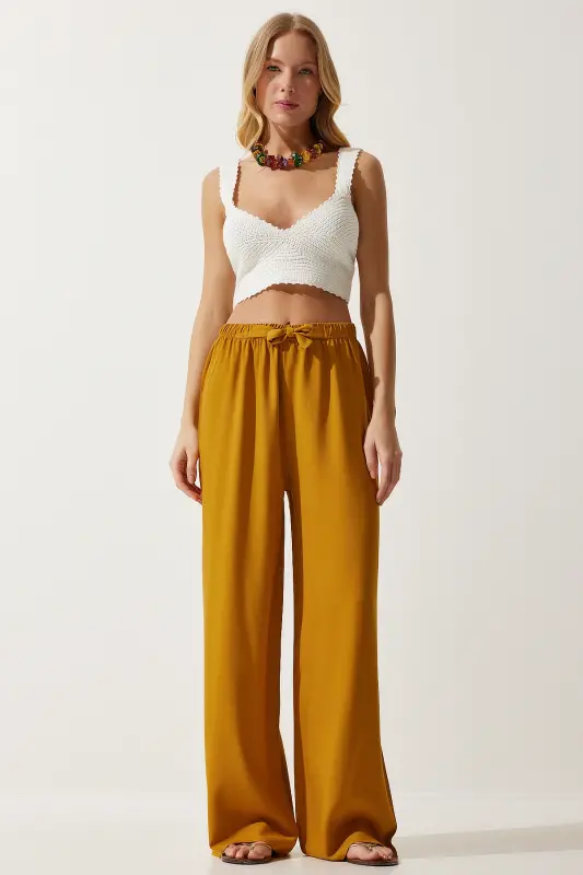 Women Mustard Summer Viscose Palazzo Pants EN00610-Mustard - HAPPINESS İSTANBUL