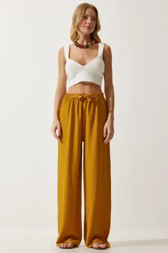 Women Mustard Summer Viscose Palazzo Pants EN00610-Mustard - HAPPINESS İSTANBUL (1)