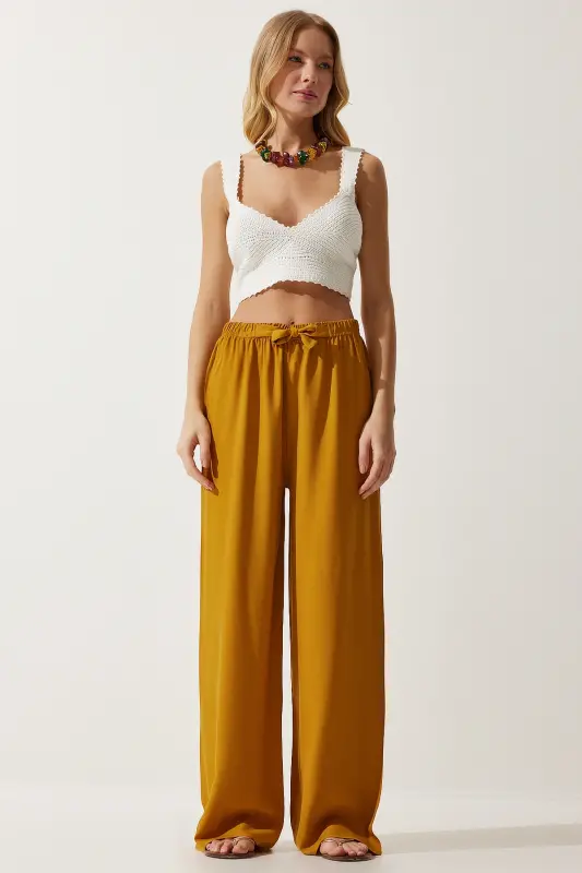 Women Mustard Summer Viscose Palazzo Pants EN00610-Mustard - 2
