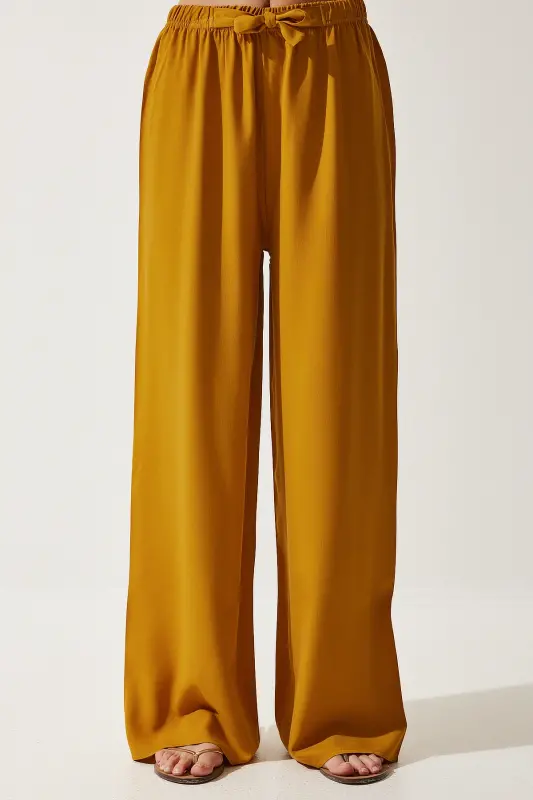 Women Mustard Summer Viscose Palazzo Pants EN00610-Mustard - 4