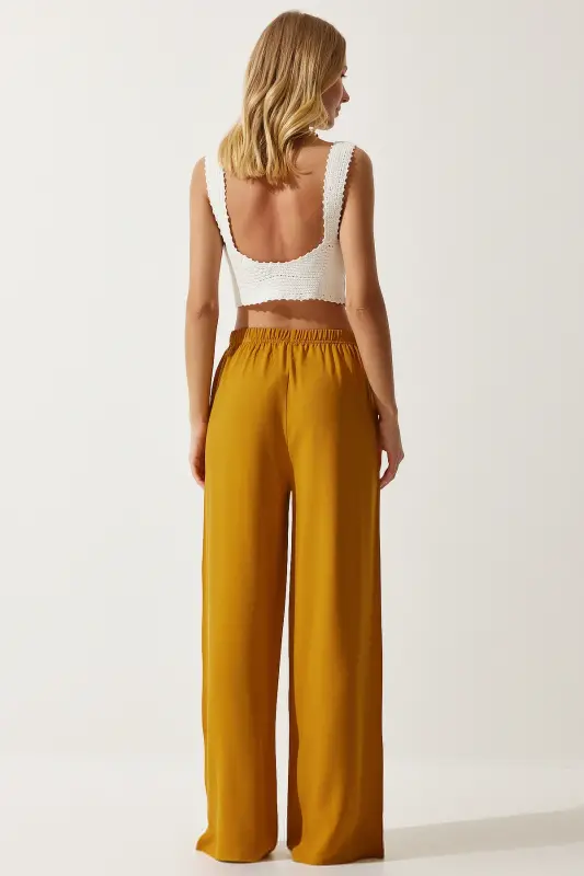 Women Mustard Summer Viscose Palazzo Pants EN00610-Mustard - 6
