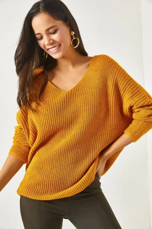 Women Mustard V Neck Ribbed Knit Oversize Tunic TNK-19000081-Mustard - 1
