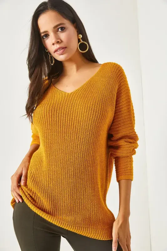 Women Mustard V Neck Ribbed Knit Oversize Tunic TNK-19000081-Mustard - 2