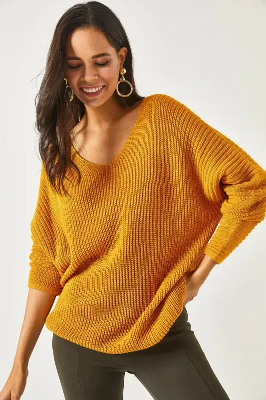 Women Mustard V Neck Ribbed Knit Oversize Tunic TNK-19000081-Mustard - 4