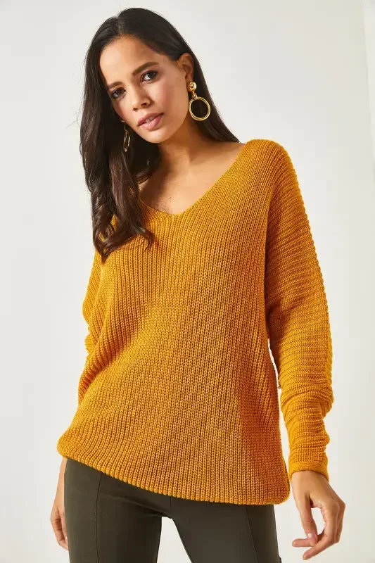 Women Mustard V Neck Ribbed Knit Oversize Tunic TNK-19000081-Mustard - 5