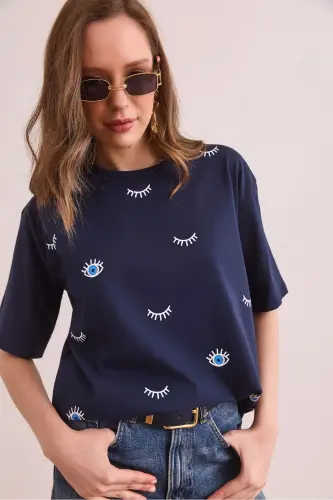 Women Navy Blue Eye Printed T-Shirt TSH-19000817-Lac - 1