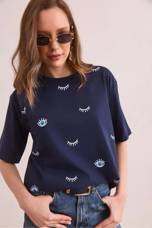 Women Navy Blue Eye Printed T-Shirt TSH-19000817-Lac - OLALOOK
