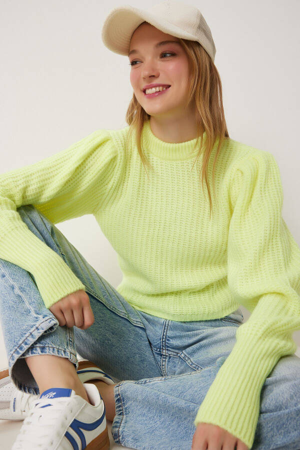 Women Neon Yellow Bike Collar Balloon Sleeve Knitted Sweater CV00042 - 1