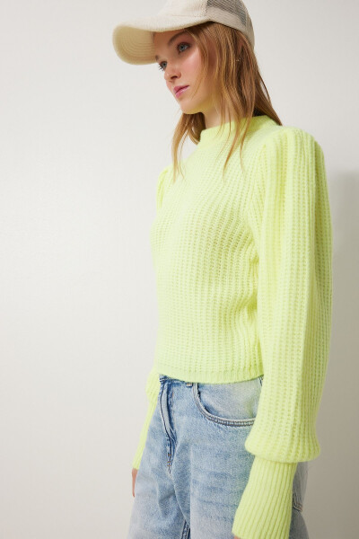 Women Neon Yellow Bike Collar Balloon Sleeve Knitted Sweater CV00042 - 4