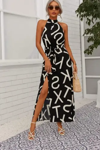 Women Off Shoulder Halter Neck Slit Floral Pattern Sundress - 3