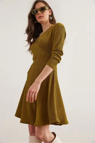 Women Oil Green Crossover Collar Textured Waffle Dress - 1