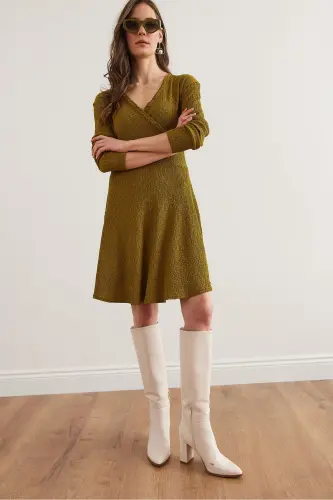 Women Oil Green Crossover Collar Textured Waffle Dress - 3