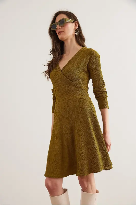 Women Oil Green Crossover Collar Textured Waffle Dress - 4