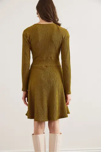 Women Oil Green Crossover Collar Textured Waffle Dress - 6