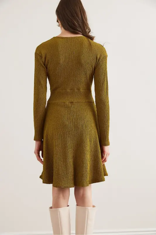Women Oil Green Crossover Collar Textured Waffle Dress - 6