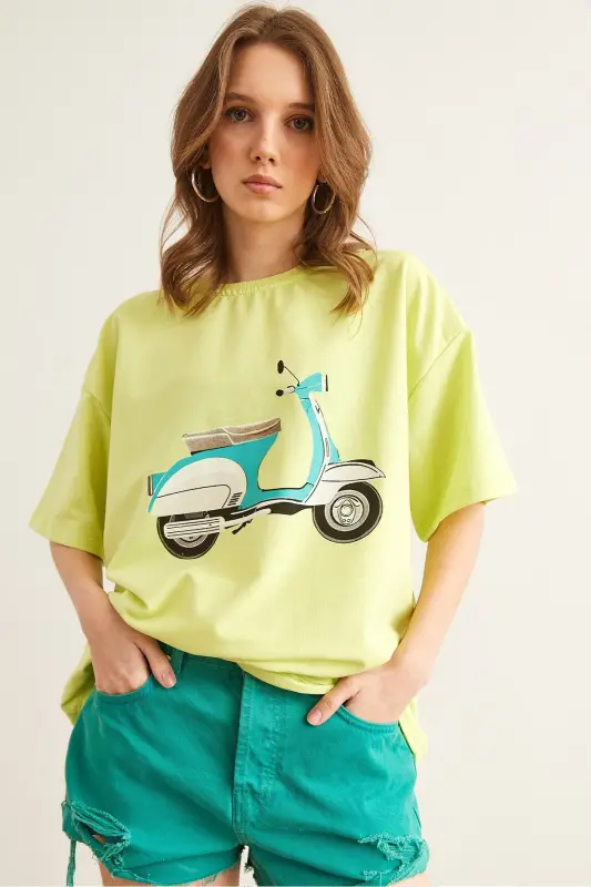 Women Oil Green Motorcycle Printed 2 Rope Relax Fit - 5