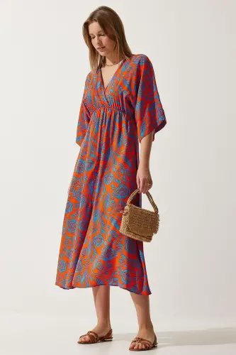 Women Orange Blue Wrap Neck Patterned Summer Viscose Dress DK00166-Orange Blue 