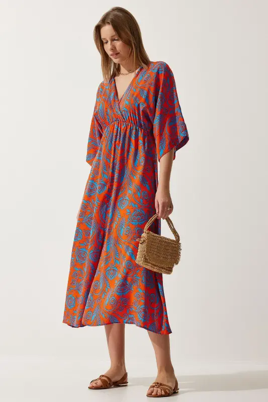 Women Orange Blue Wrap Neck Patterned Summer Viscose Dress DK00166-Orange Blue - 1