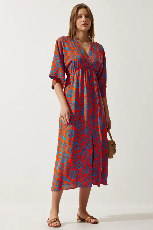 Women Orange Blue Wrap Neck Patterned Summer Viscose Dress DK00166-Orange Blue - 2