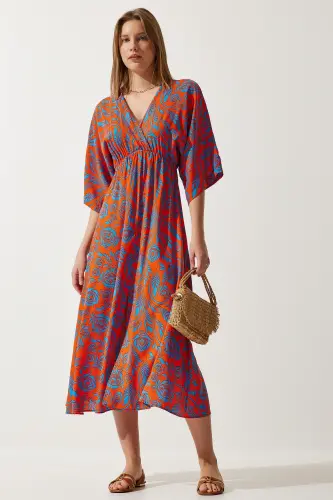 Women Orange Blue Wrap Neck Patterned Summer Viscose Dress DK00166-Orange Blue - 3