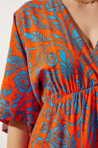 Women Orange Blue Wrap Neck Patterned Summer Viscose Dress DK00166-Orange Blue - 4