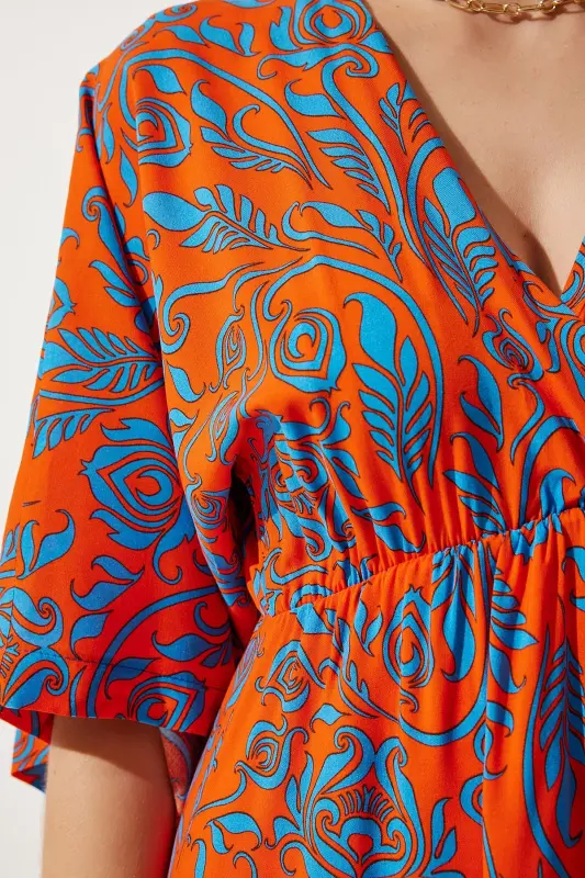 Women Orange Blue Wrap Neck Patterned Summer Viscose Dress DK00166-Orange Blue - 4