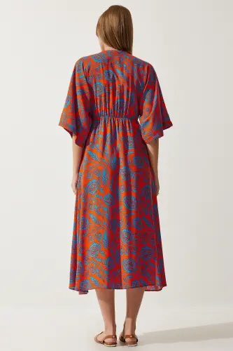 Women Orange Blue Wrap Neck Patterned Summer Viscose Dress DK00166-Orange Blue - 5
