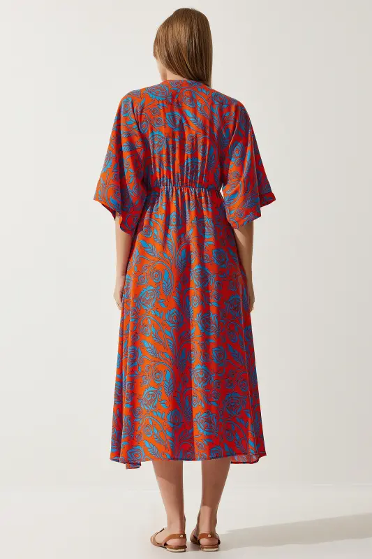 Women Orange Blue Wrap Neck Patterned Summer Viscose Dress DK00166-Orange Blue - 5