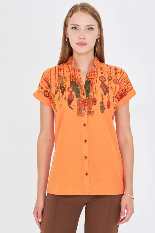 Women Orange Mandarin Collar Short Sleeve Shirt ARM-25Y001040-Orange - 2