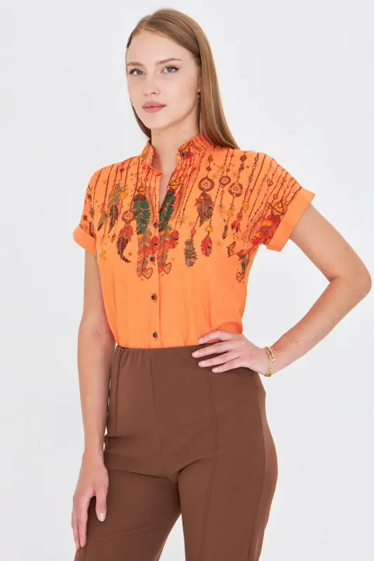 Women Orange Mandarin Collar Short Sleeve Shirt ARM-25Y001040-Orange - 3