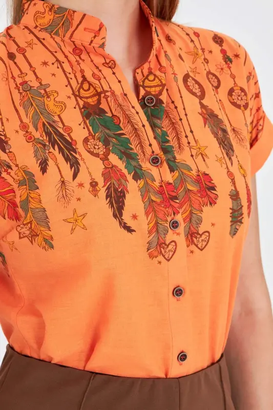 Women Orange Mandarin Collar Short Sleeve Shirt ARM-25Y001040-Orange - 4