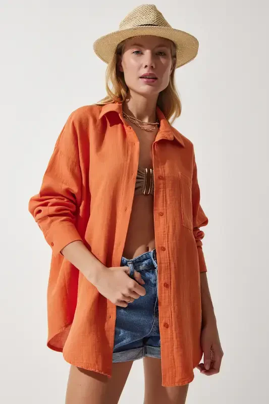 Women Orange Pocket Oversize Muslin Shirt MX00150-Orange - 2