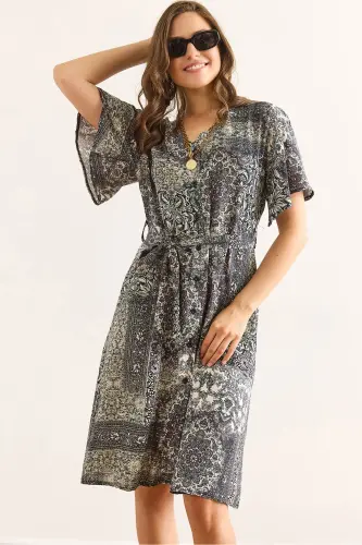 Women Patch Gray V Neck Belted Woven Mini Shirt Dress ELB-19002380-Patch Gray 