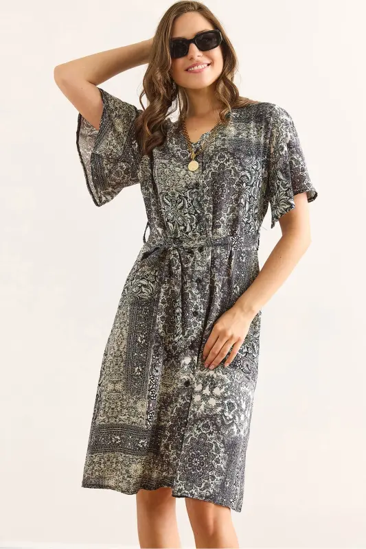 Women Patch Gray V Neck Belted Woven Mini Shirt Dress ELB-19002380-Patch Gray - 1