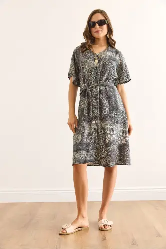 Women Patch Gray V Neck Belted Woven Mini Shirt Dress ELB-19002380-Patch Gray - OLALOOK (1)