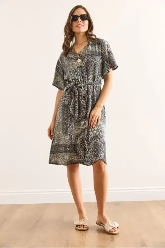 Women Patch Gray V Neck Belted Woven Mini Shirt Dress ELB-19002380-Patch Gray - 3
